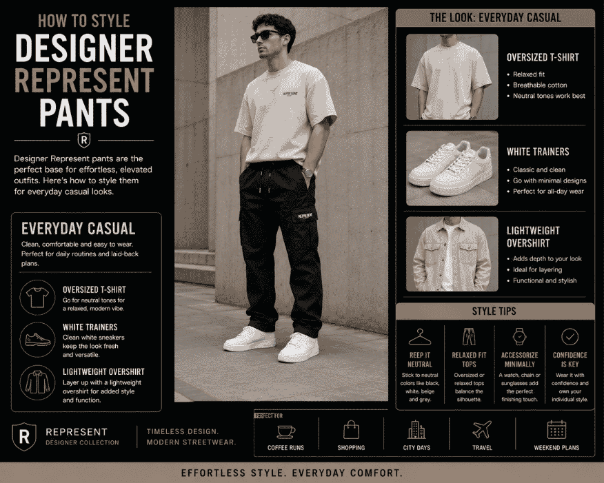 Fashion infographic showing how to style Designer Represent pants with an oversized T-shirt,