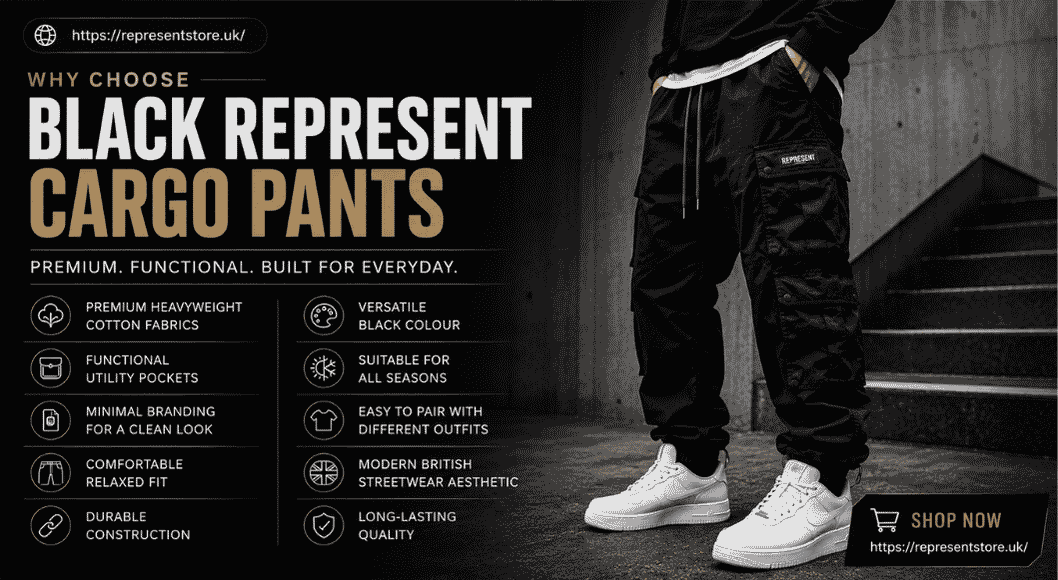 Black Represent cargo pants with premium heavyweight cotton fabric, utility pockets, relaxed fit,