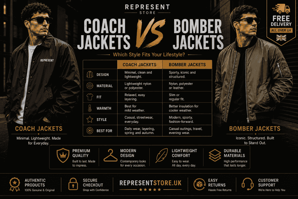 Comparison of coach jackets and bomber jackets highlighting design, material, fit, warmth, style, and best uses with free UK delivery across the UK.