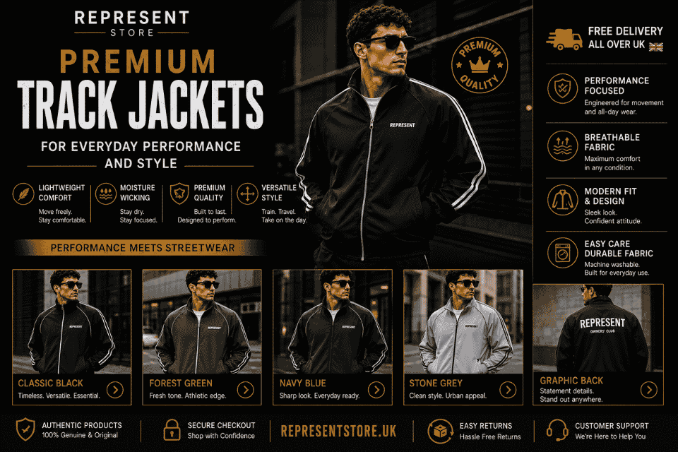 Premium men's track jackets designed for everyday performance, lightweight comfort, and modern streetwear with free delivery across the UK.