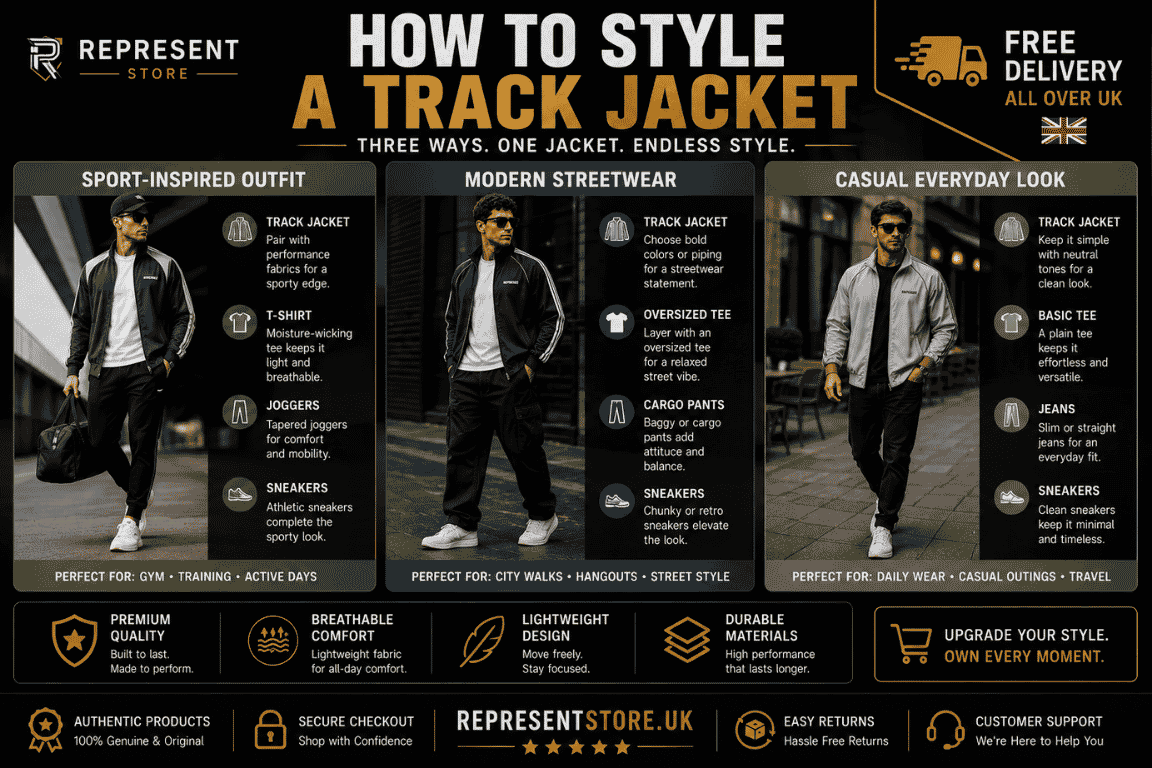 Track jacket styling guide featuring sport-inspired, modern streetwear, and casual everyday outfit ideas with premium men's track jackets.