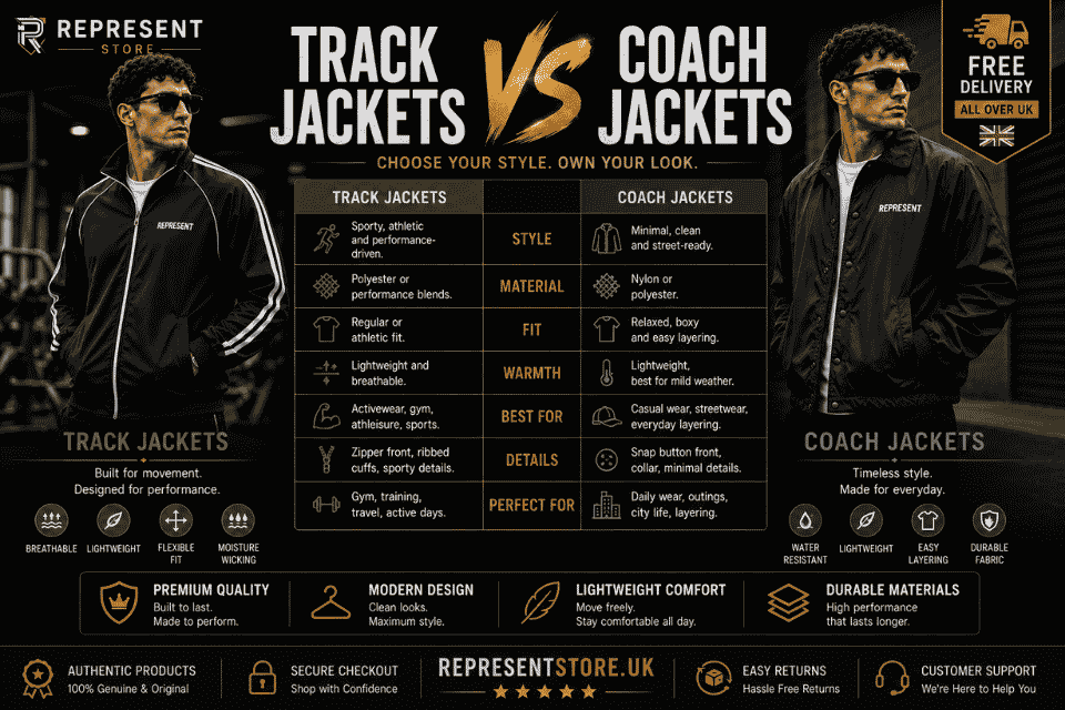 Comparison of track jackets and coach jackets highlighting style, material, fit, warmth, features, and best uses with free UK delivery across the UK.