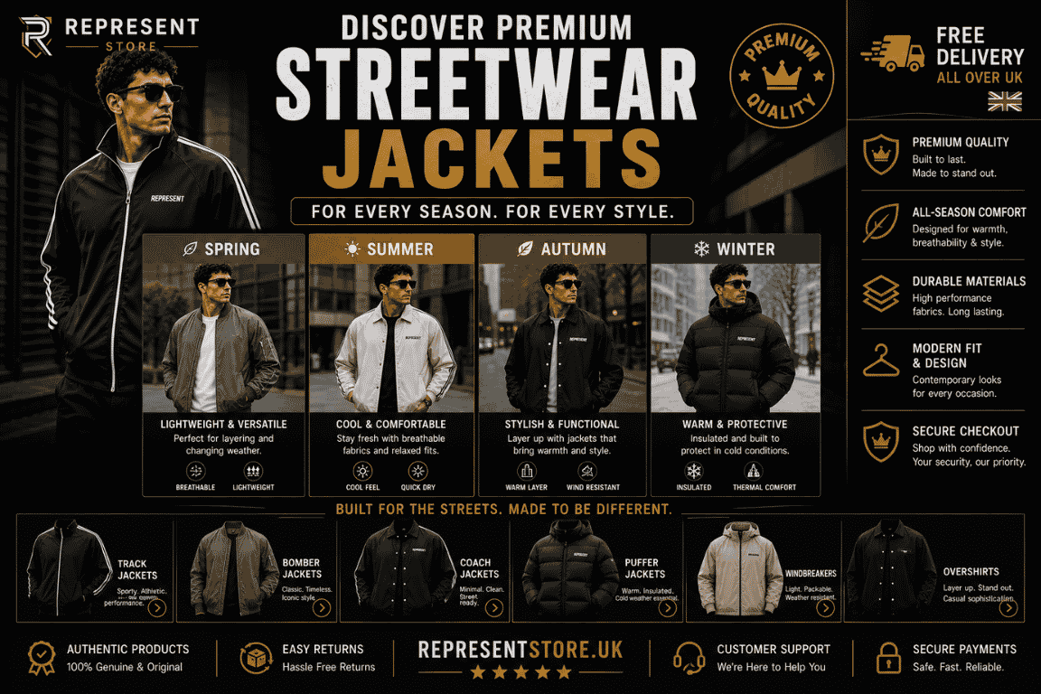 Premium men's streetwear jackets for every season featuring track, bomber, coach, puffer, windbreaker, and overshirt jackets with free UK delivery.