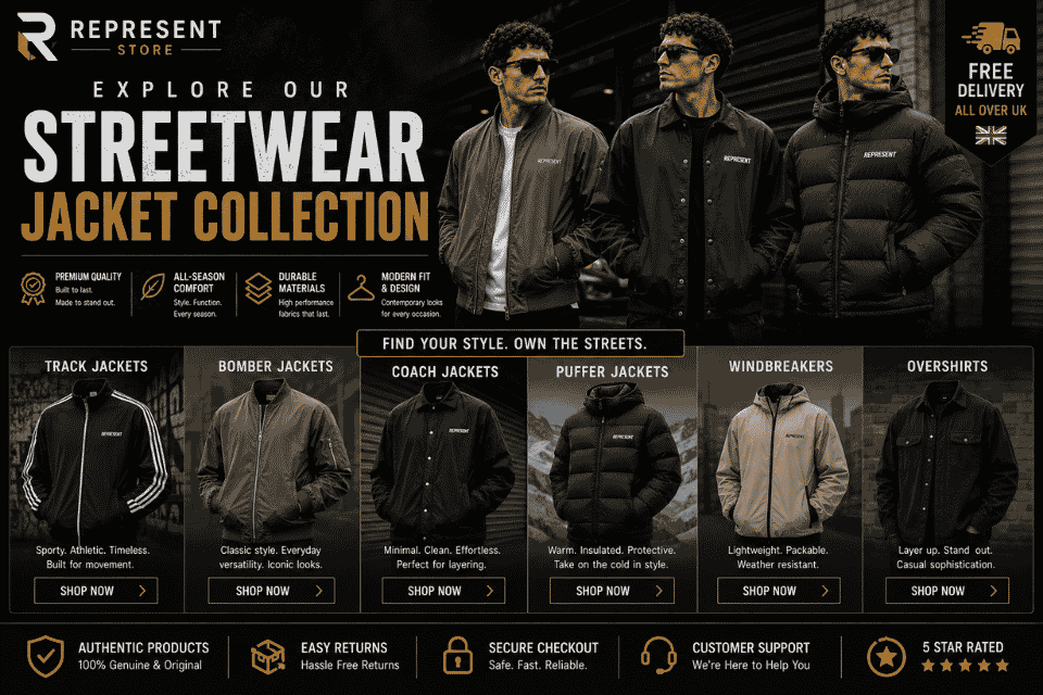 Explore our premium streetwear jacket collection featuring track, bomber, coach, puffer, windbreaker, and overshirt jackets with free UK delivery.