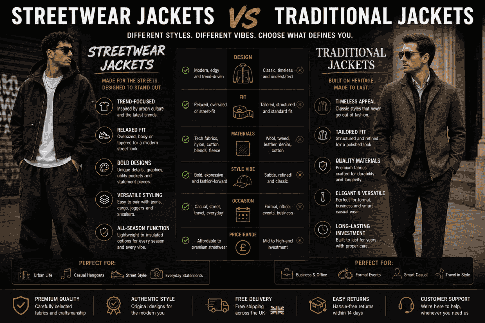 Comparison of streetwear jackets and traditional jackets highlighting design, fit, materials, style, occasions, and versatility with free UK delivery.