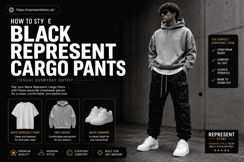 Man styling black Represent cargo pants with a fitted T-shirt and sneakers