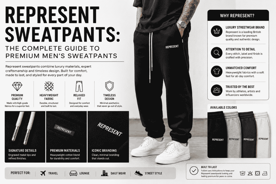 Man wearing black Represent sweatpants with a relaxed-fit T-shirt and white sneakers