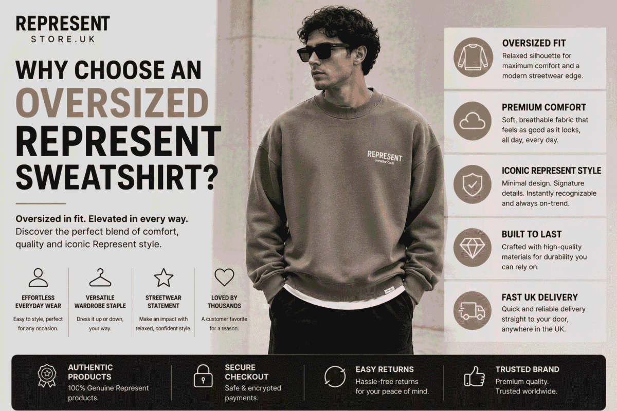 Man wearing an oversized Represent sweatshirt showcasing premium comfort, relaxed fit, and modern UK streetwear style.
