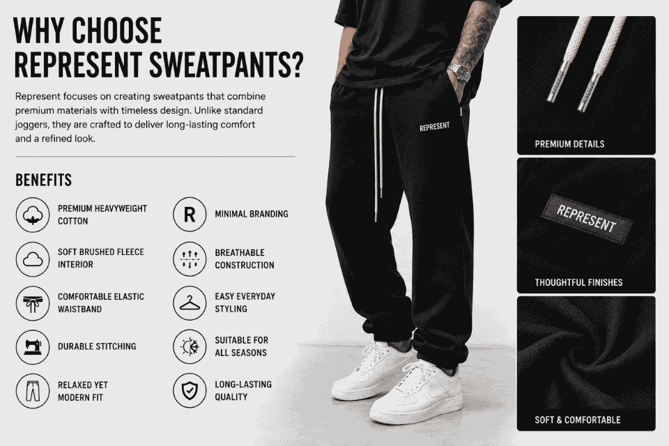 Infographic showcasing the benefits of Represent sweatpants, featuring a model wearing
