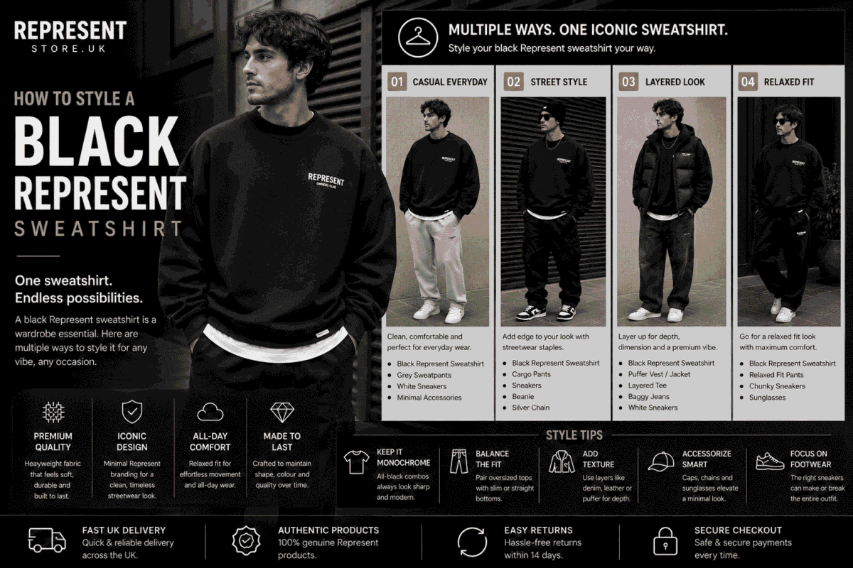 Man wearing a black Represent sweatshirt styled with casual, streetwear, layered, and relaxed outfit combinations.