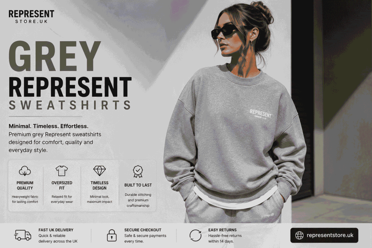 Untitled deFemale model wearing a grey Represent sweatshirt with an oversized fit in a modern UK streetwear style.sign (63)