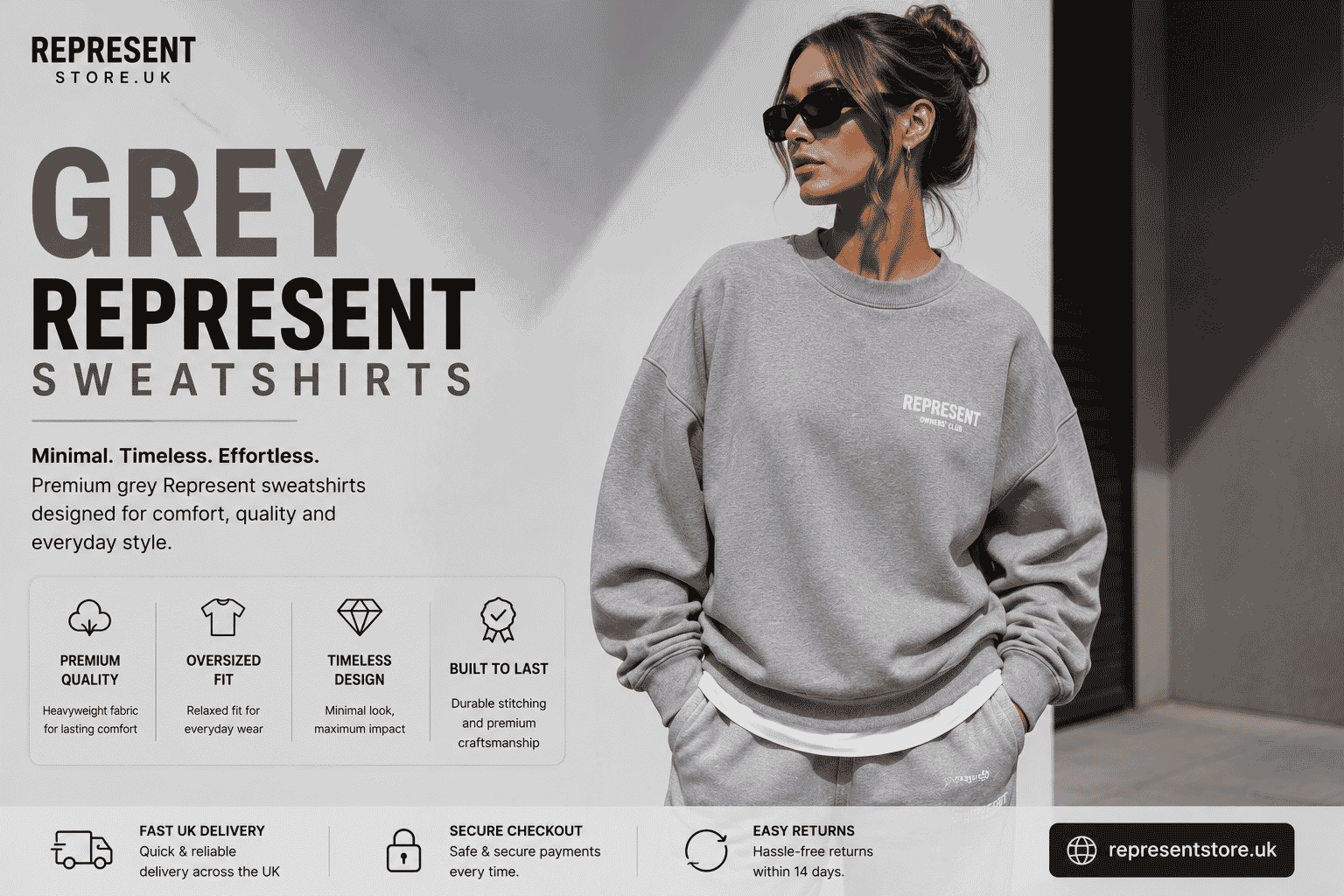 Untitled deFemale model wearing a grey Represent sweatshirt with an oversized fit in a modern UK streetwear style.sign (63)