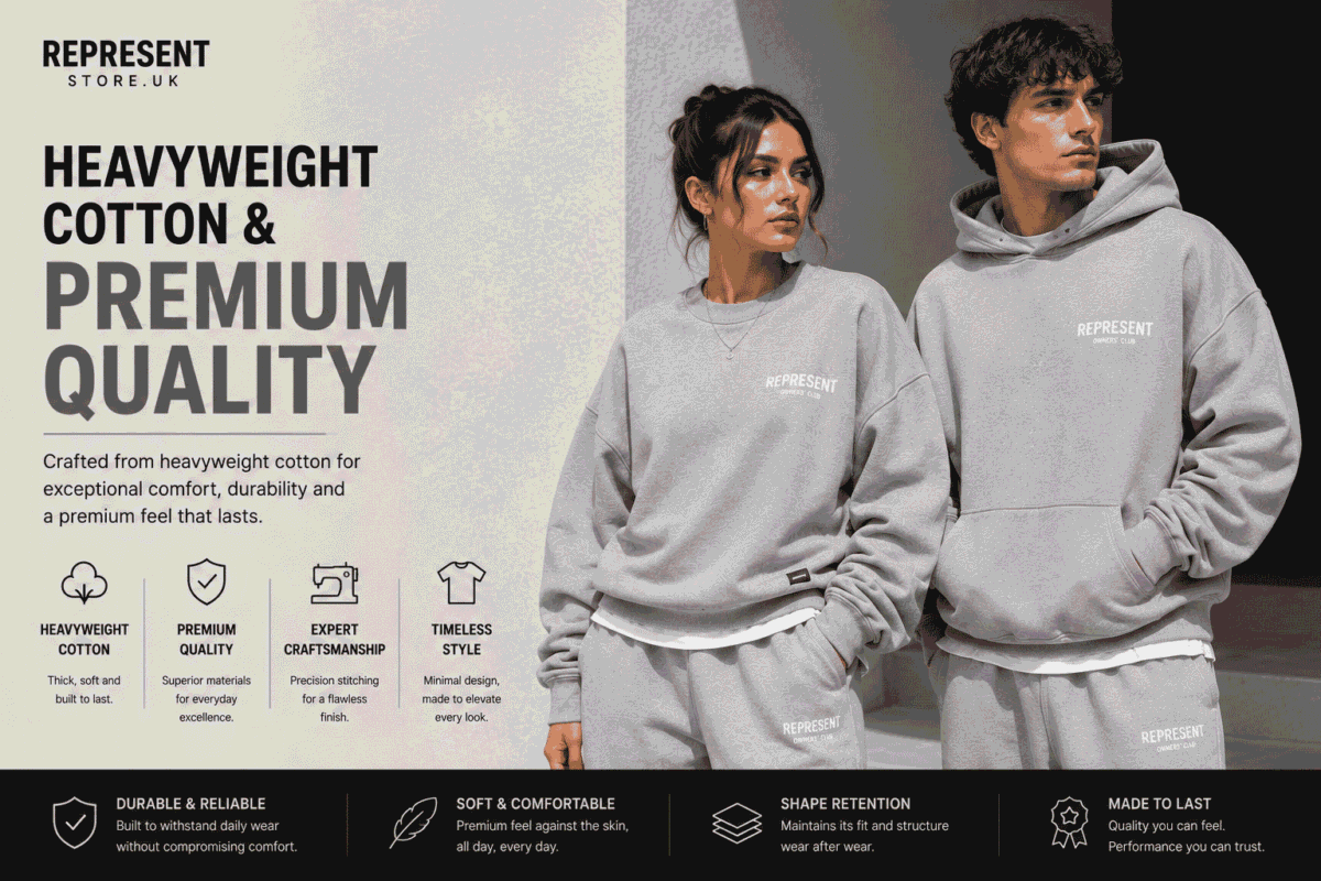 Male and female models wearing premium grey Represent sweatshirts made from heavyweight cotton with an oversized streetwear fit.