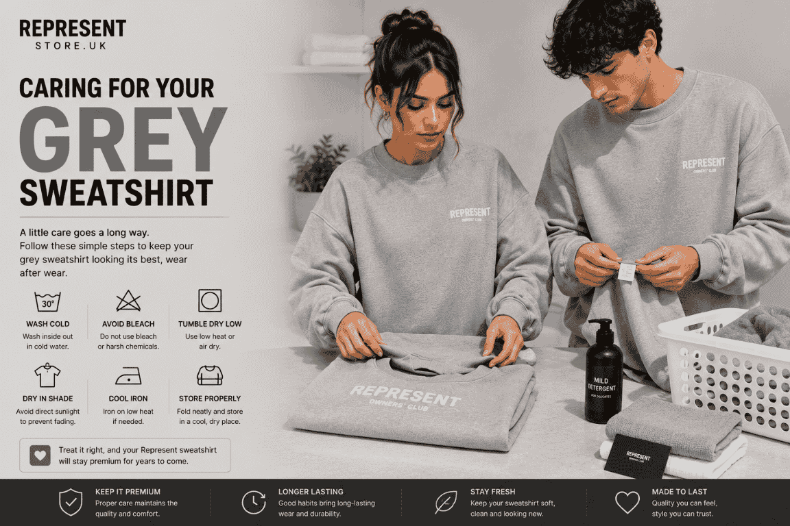 Male and female models caring for a grey Represent sweatshirt by folding and maintaining premium streetwear clothing.