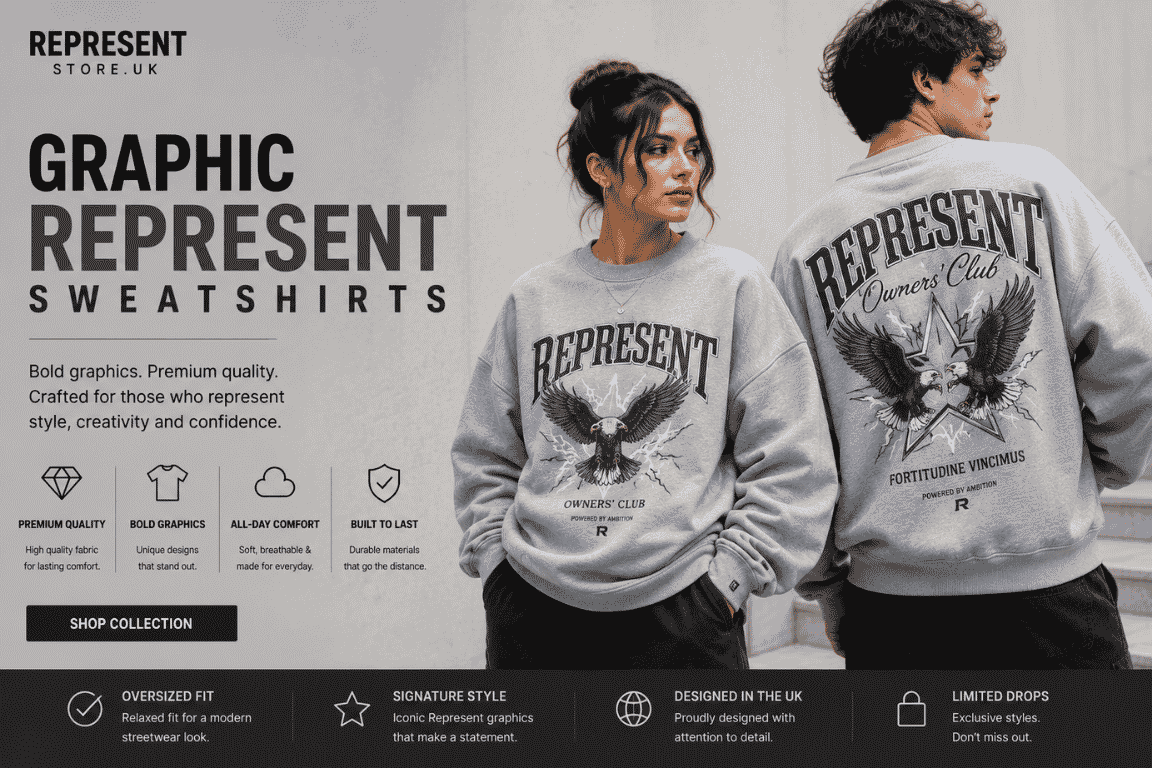 Male and female models wearing oversized Graphic Represent sweatshirts with bold graphic prints in a modern streetwear style.