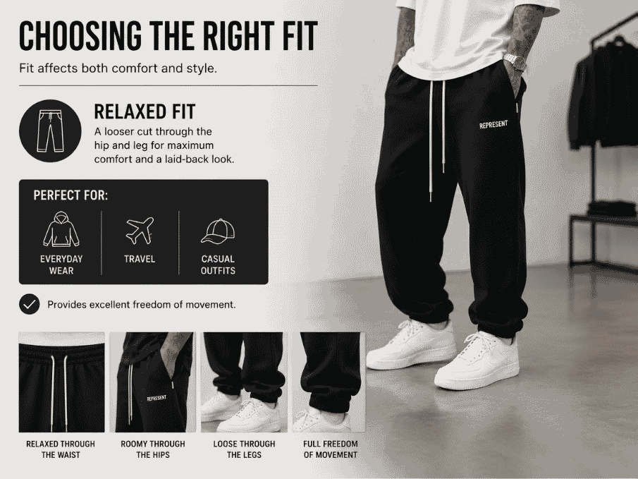 Infographic showing a relaxed-fit pair of Represent sweatpants with styling tips, comfort features,
