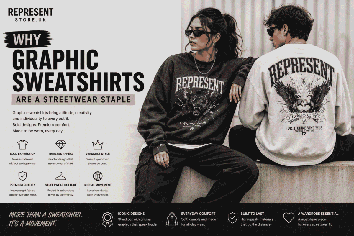 Male and female models wearing oversized Graphic Represent sweatshirts with bold graphic prints in a modern streetwear outfit.