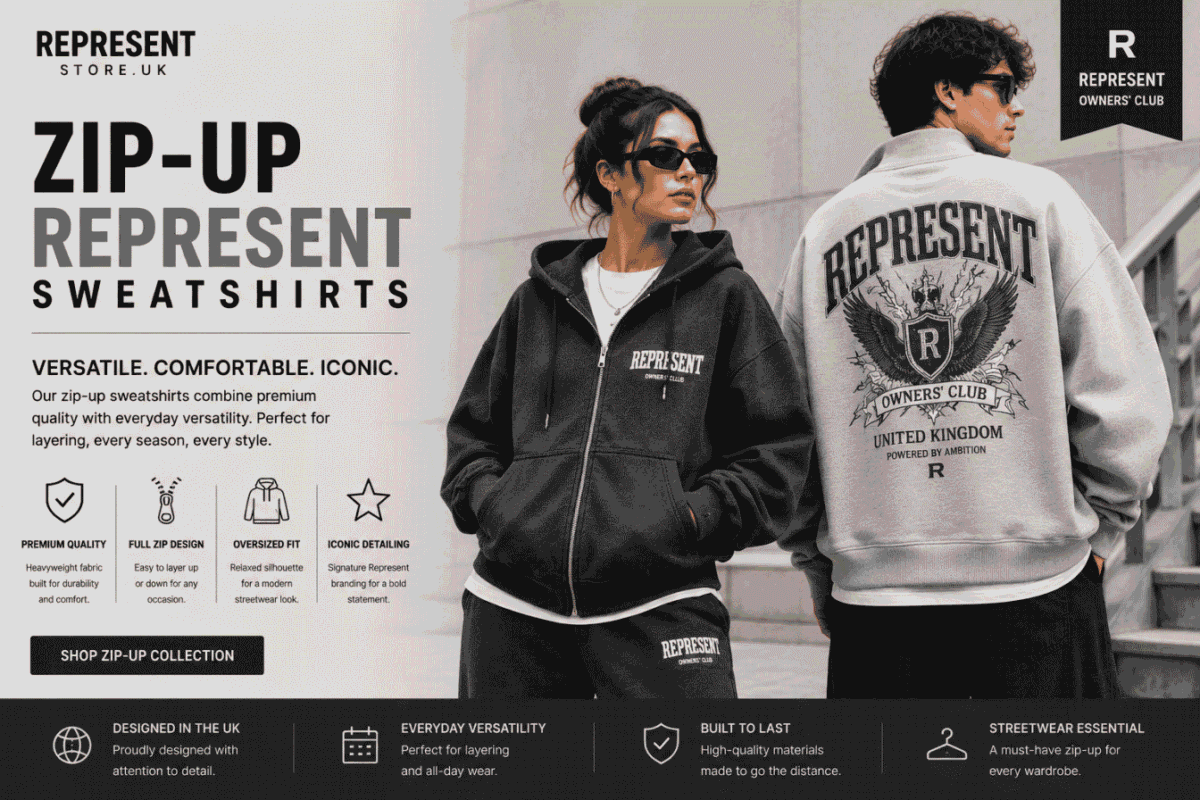 Male and female models wearing premium oversized Zip-Up Represent sweatshirts in a modern UK streetwear style.