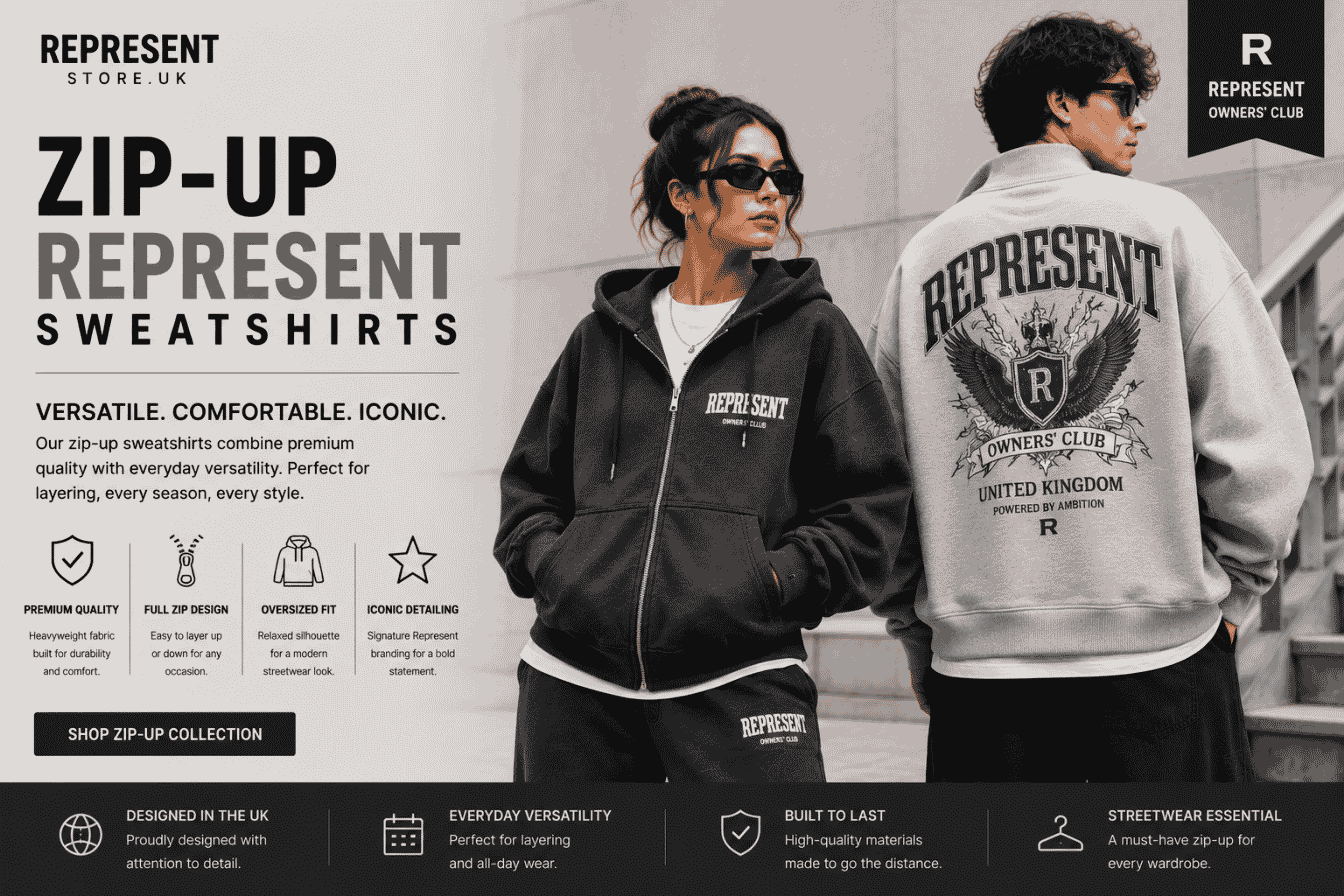 Male and female models wearing premium oversized Zip-Up Represent sweatshirts in a modern UK streetwear style.