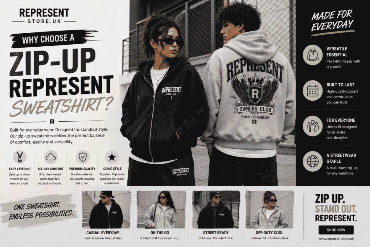 Male and female models wearing oversized Zip-Up Represent sweatshirts styled in a modern UK streetwear look with premium full-zip hoodies.