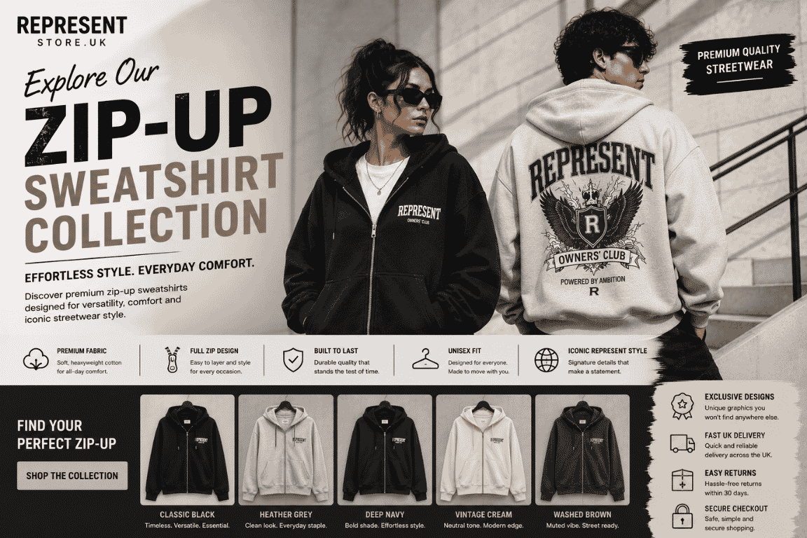 Male and female models wearing oversized Represent zip-up sweatshirts in black and grey with a modern UK streetwear style.