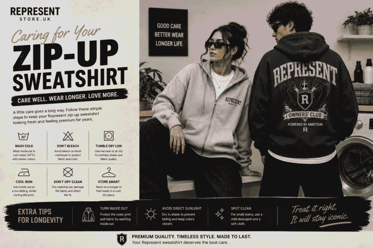 Male and female models caring for premium Zip-Up Represent sweatshirts with proper washing, drying, and storage techniques.