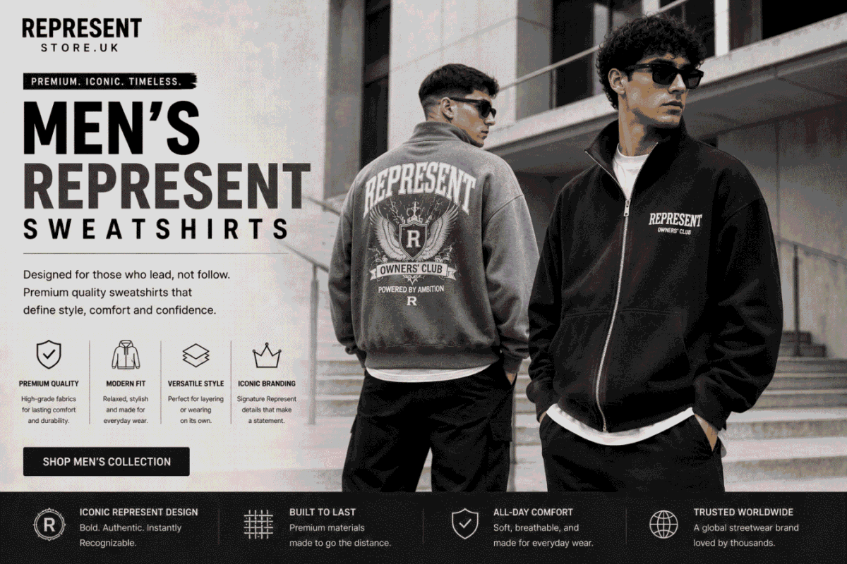 Male models wearing premium oversized Represent sweatshirts in black and grey with a modern UK streetwear style.