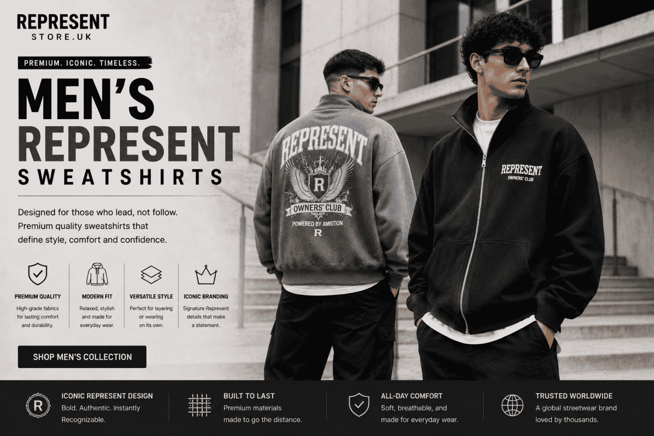 Male models wearing premium oversized Represent sweatshirts in black and grey with a modern UK streetwear style.