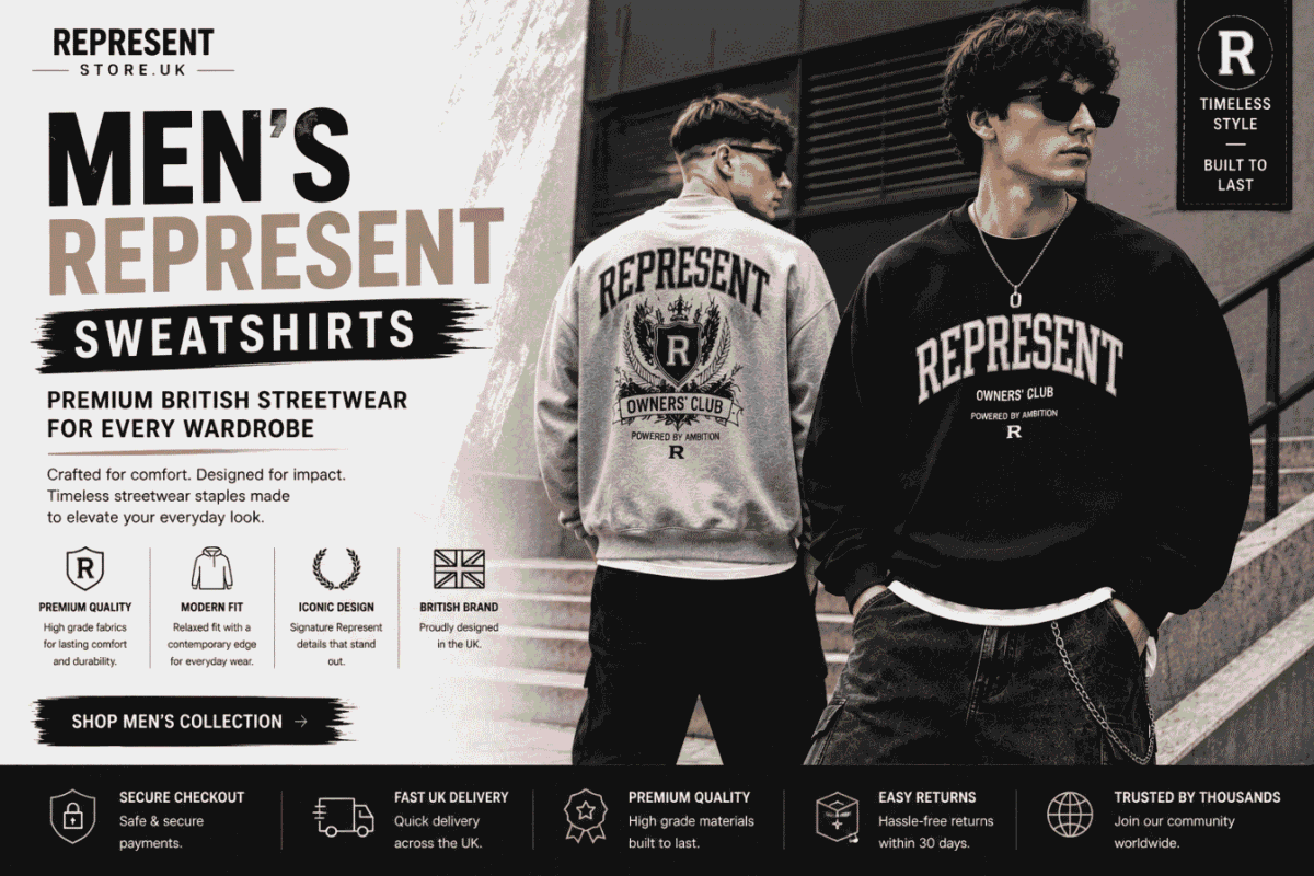 Two male models wearing oversized black and grey Represent sweatshirts in a modern British streetwear style with premium heavyweight fabric.