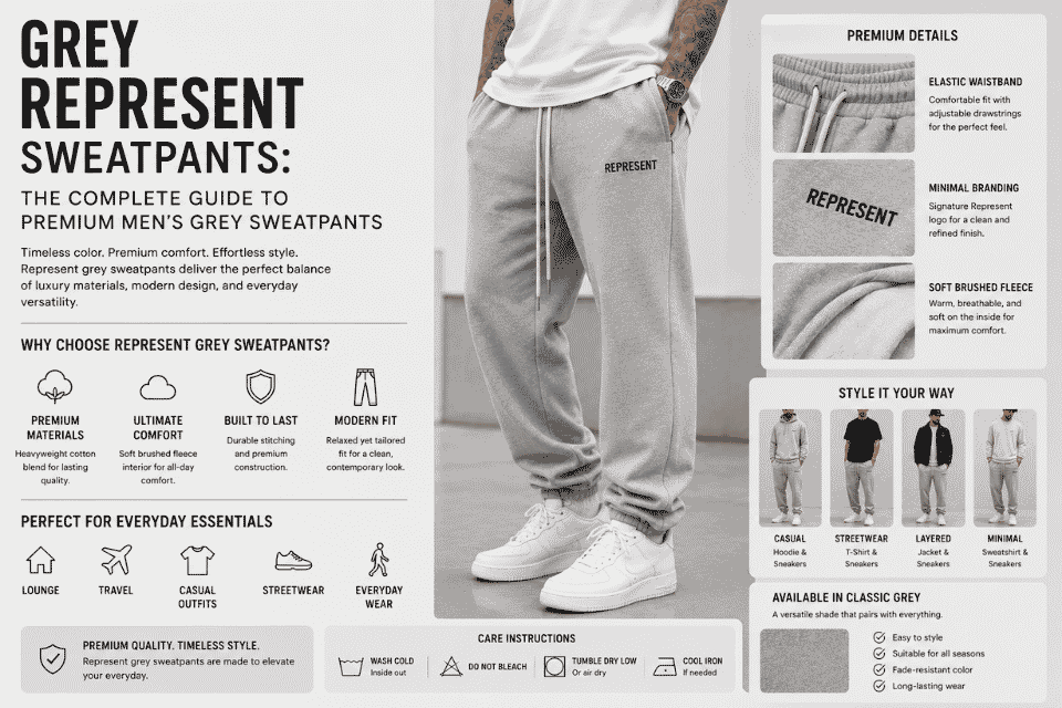 Infographic featuring grey Represent sweatpants on a male model, highlighting premium materials,