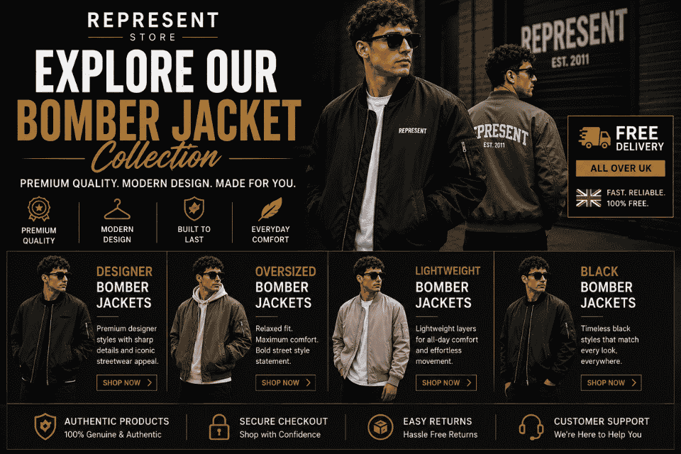 Explore our premium bomber jacket collection featuring designer, oversized, lightweight, and black bomber jackets with free UK delivery across the UK.