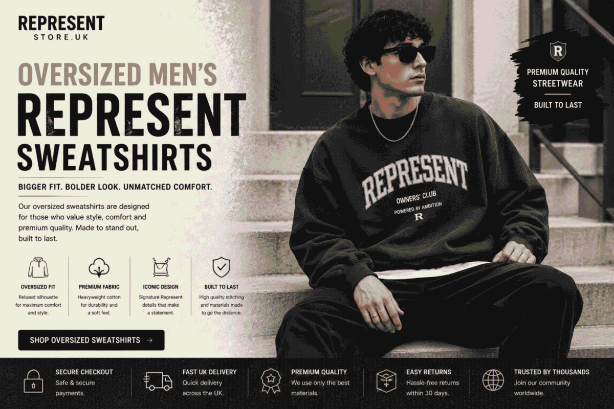 Male model wearing an oversized black Represent sweatshirt with a relaxed fit in a modern British streetwear style.