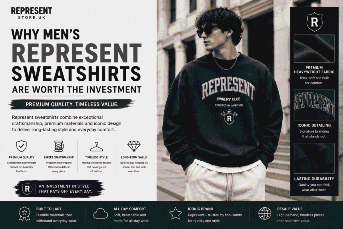 Male model wearing a premium oversized black Represent sweatshirt showcasing timeless British streetwear style and heavyweight cotton quality.