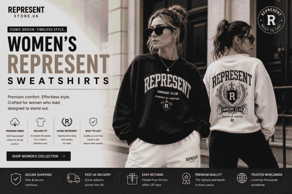 Two female models wearing oversized black and cream Represent sweatshirts in a modern British streetwear style.