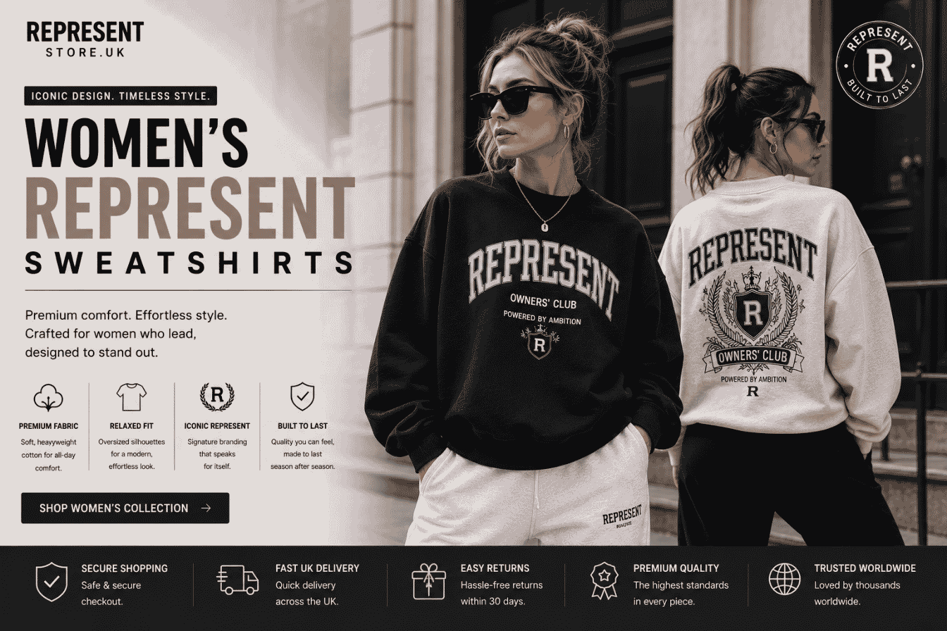 Two female models wearing oversized black and cream Represent sweatshirts in a modern British streetwear style.