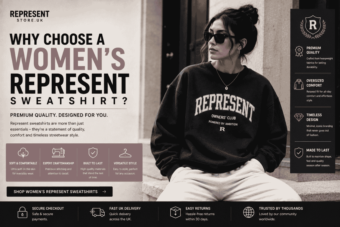 Female model wearing an oversized black Represent sweatshirt in a modern British streetwear style with a relaxed fit.