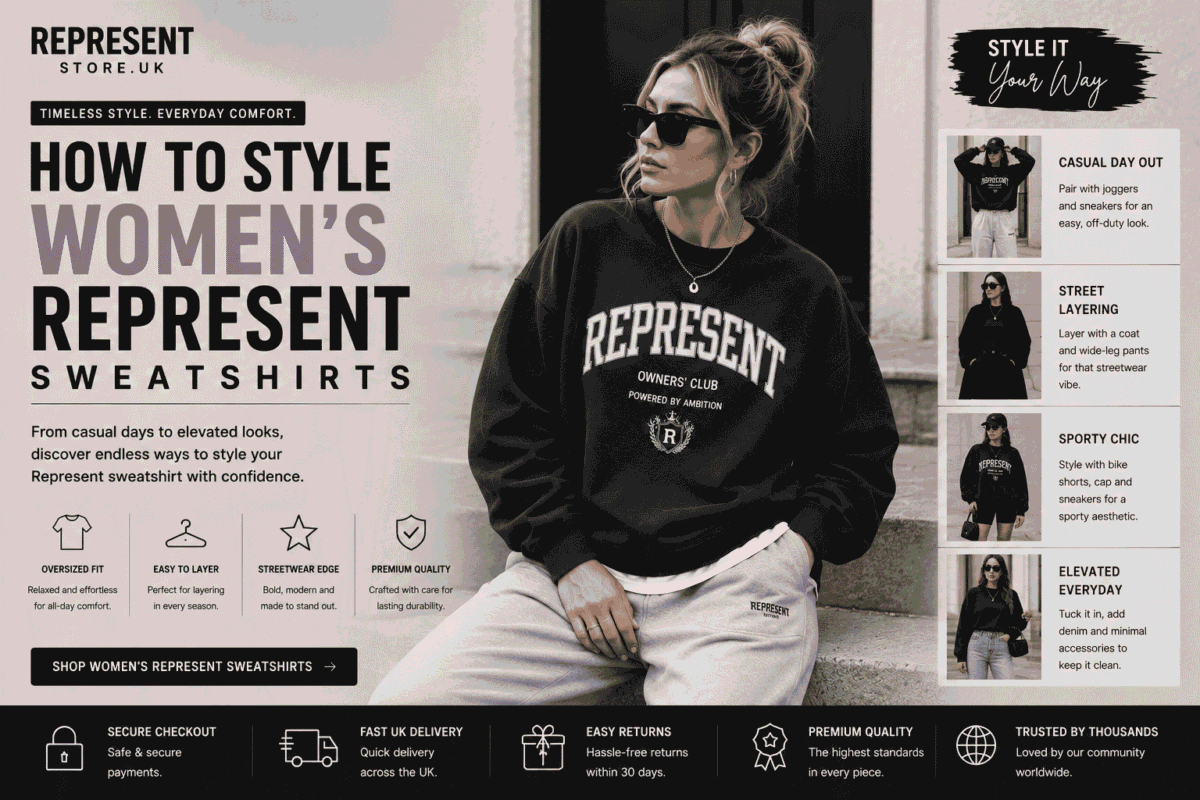 Female model wearing an oversized black Represent sweatshirt styled with modern casual and British streetwear fashion.