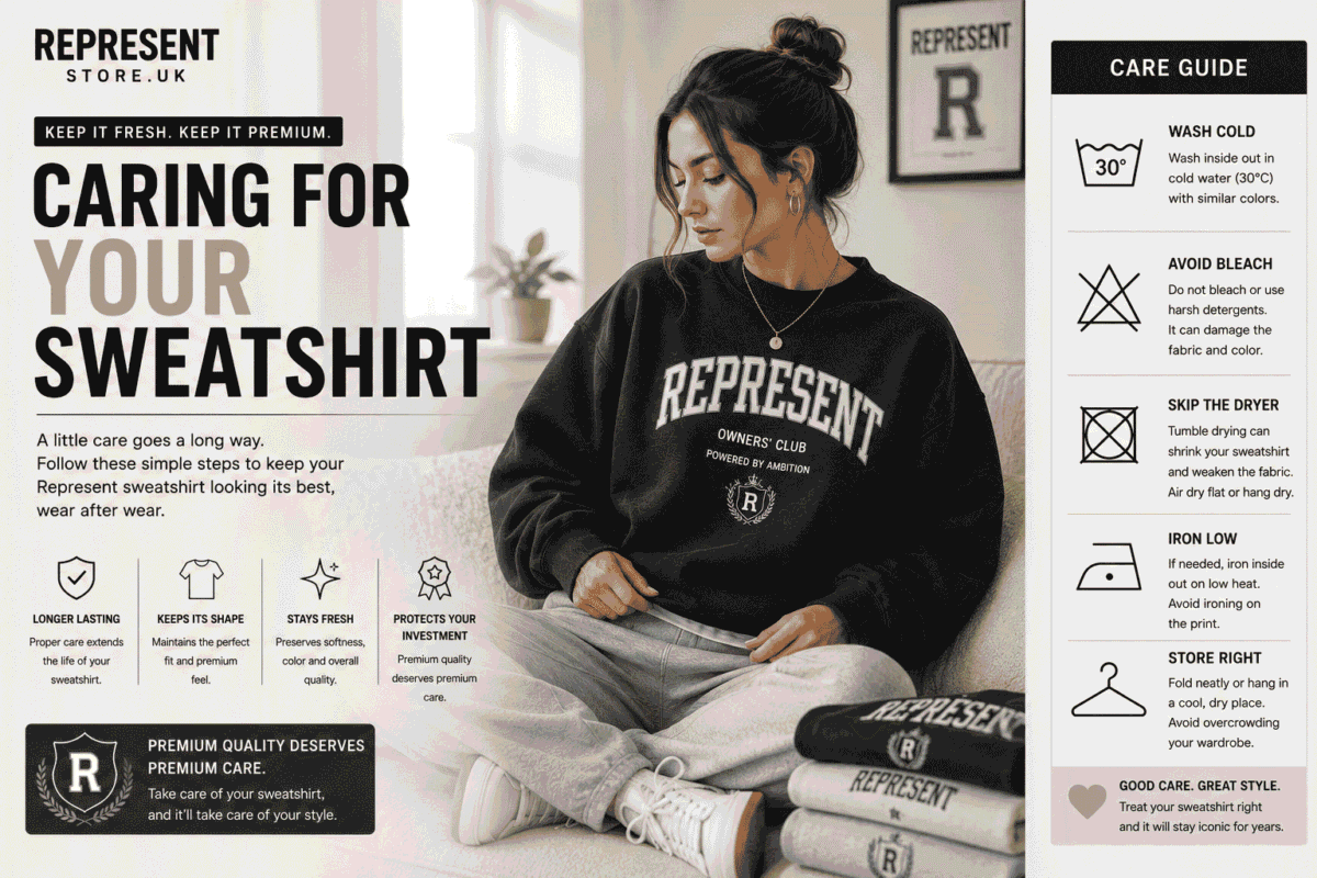 Female model wearing a black Represent sweatshirt with folded sweatshirts, demonstrating proper care, washing, and storage techniques.