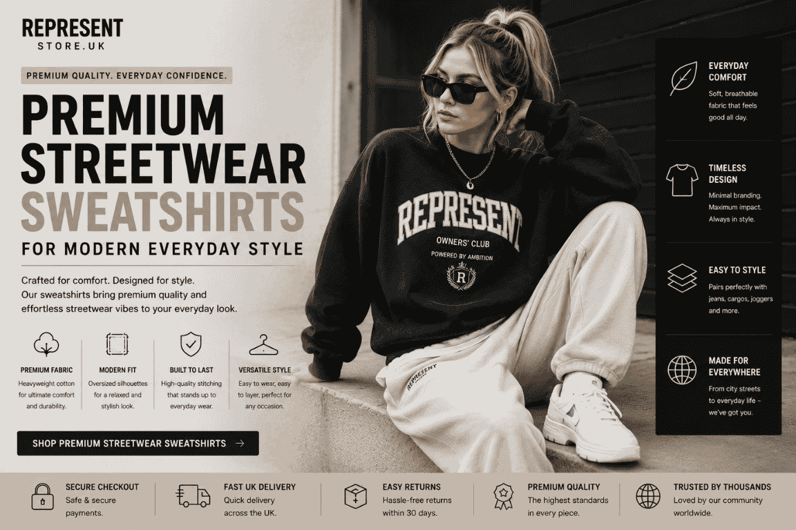 Female model wearing a premium oversized black Represent streetwear sweatshirt with a modern everyday urban fashion look.
