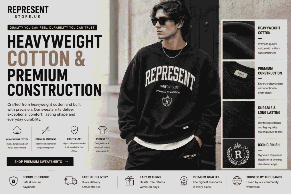 Male model wearing a premium black Represent sweatshirt made from heavyweight cotton with durable construction and modern streetwear style.