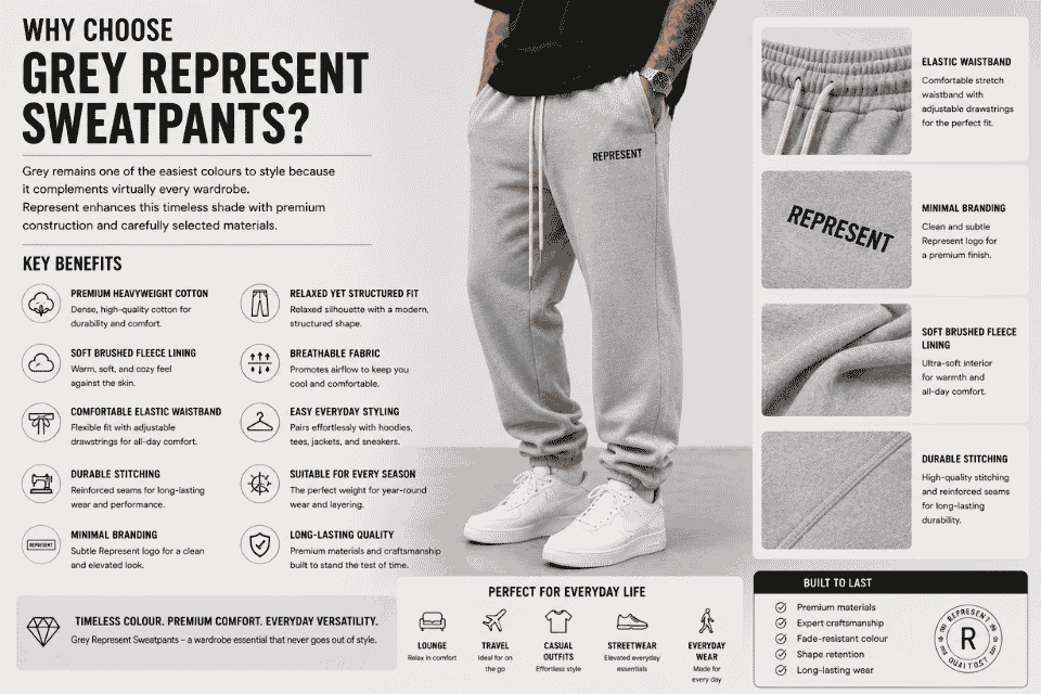Infographic highlighting the benefits of grey Represent sweatpants,