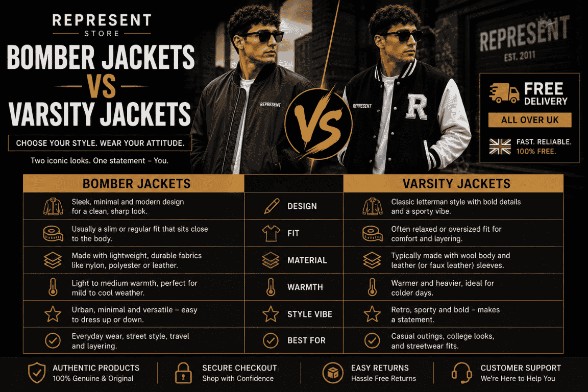 Comparison of bomber jackets and varsity jackets highlighting design, fit, material, warmth, style, and best uses with free UK delivery.