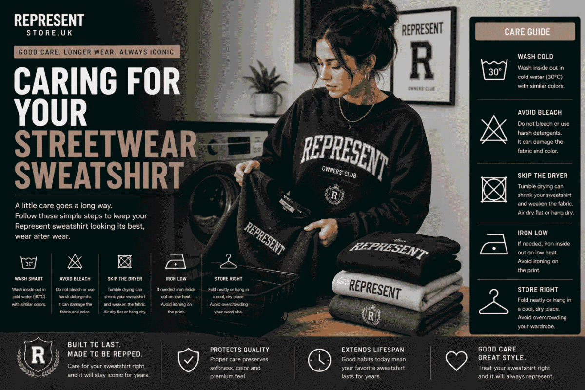 Female model caring for a premium black Represent streetwear sweatshirt by folding, washing, and storing it properly in a modern laundry setting.