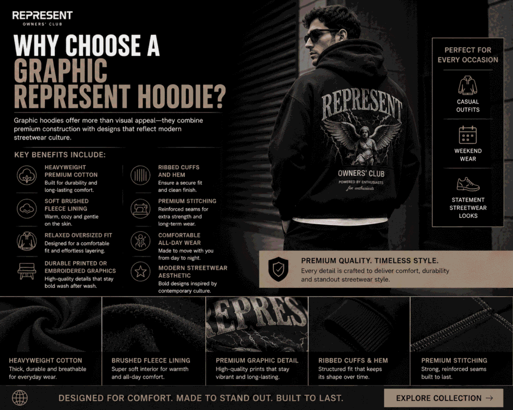Graphic Represent hoodie featuring bold printed artwork, heavyweight cotton, oversized fit, brushed fleece lining, and premium streetwear craftsmanship for men.