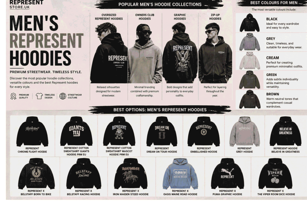Editorial banner showcasing popular Men's Represent hoodie collections, including Oversized, Owners Club, Graphic, and Zip-Up hoodies.