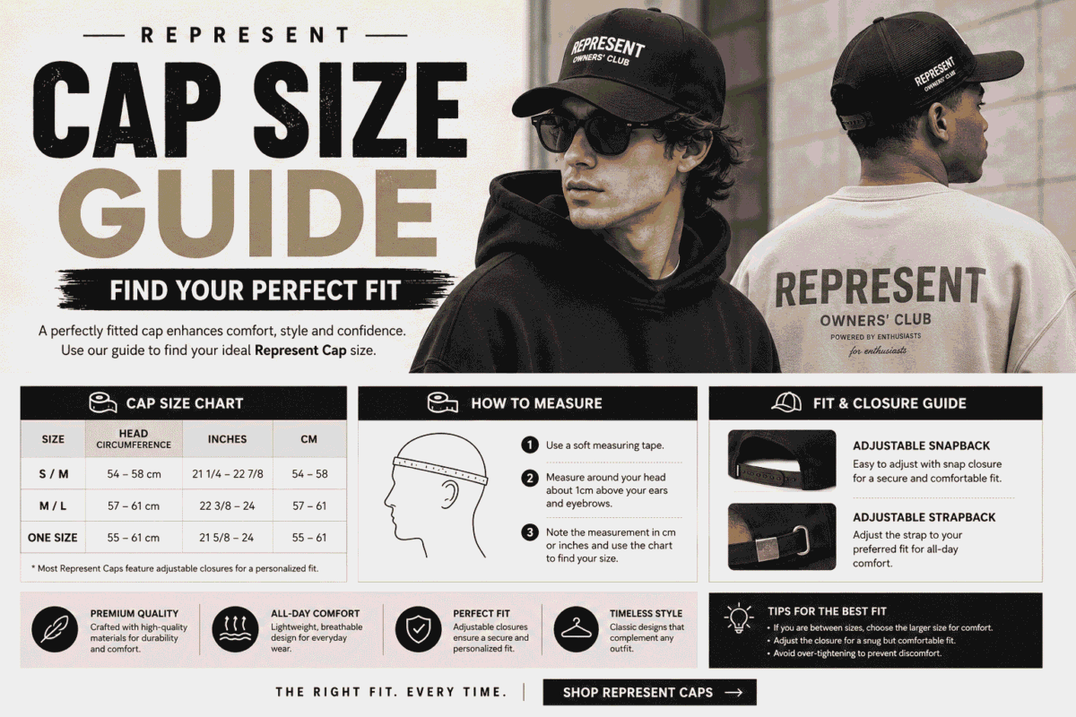 Infographic showing the Represent Cap Size Guide with adjustable cap sizing, head measurement instructions, size chart, fit tips.