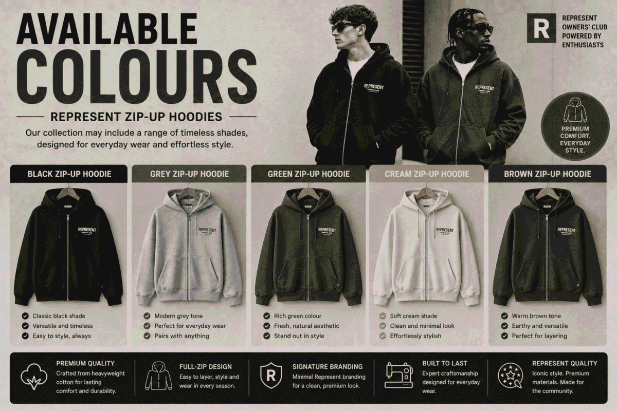 Product showcase banner displaying Represent Zip-Up Hoodies in five colour options: Black, Grey, Green, Cream, and Brown.