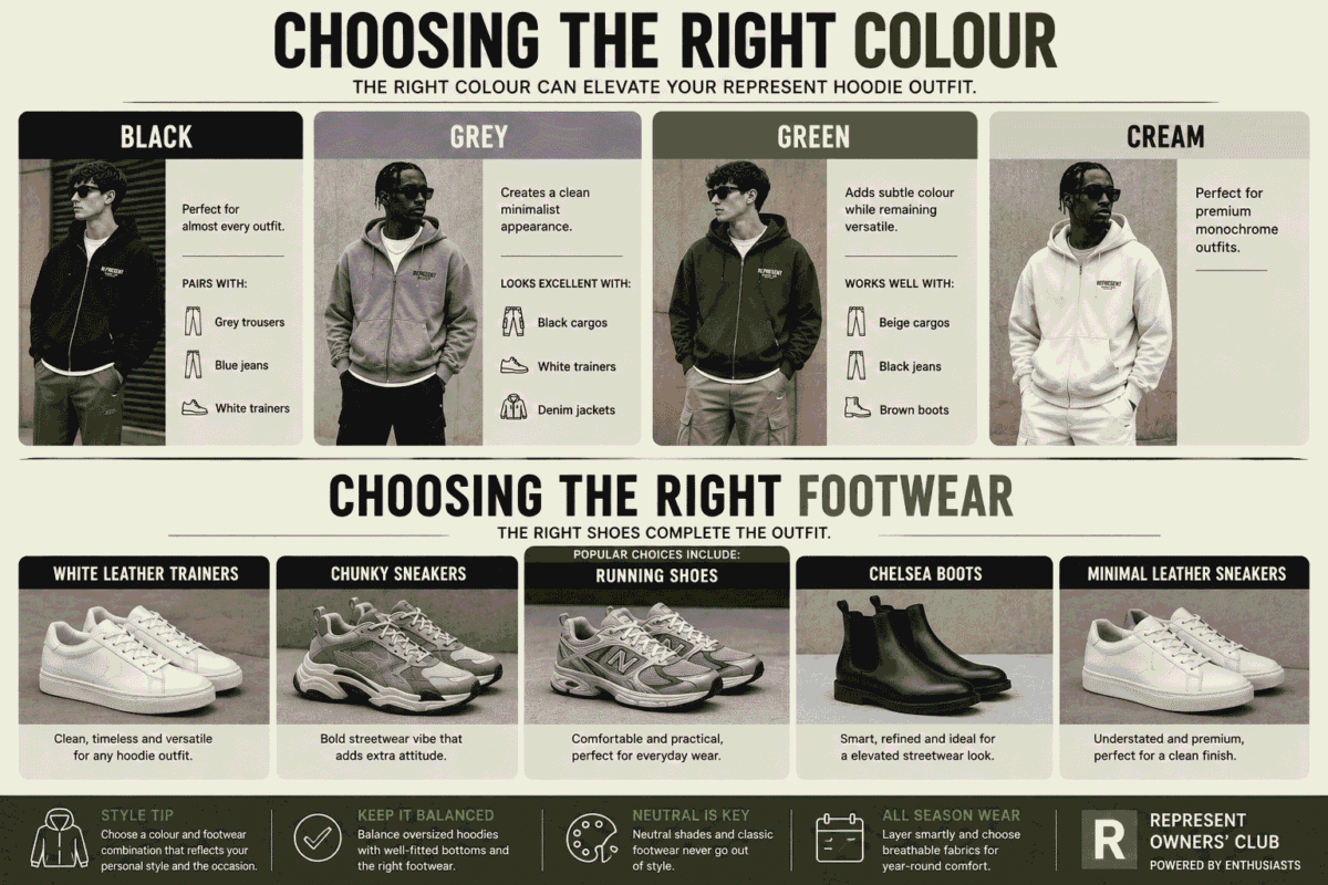 Editorial infographic showing the best Represent hoodie colour options—Black, Grey, Green, and Cream—along with recommended footwear.