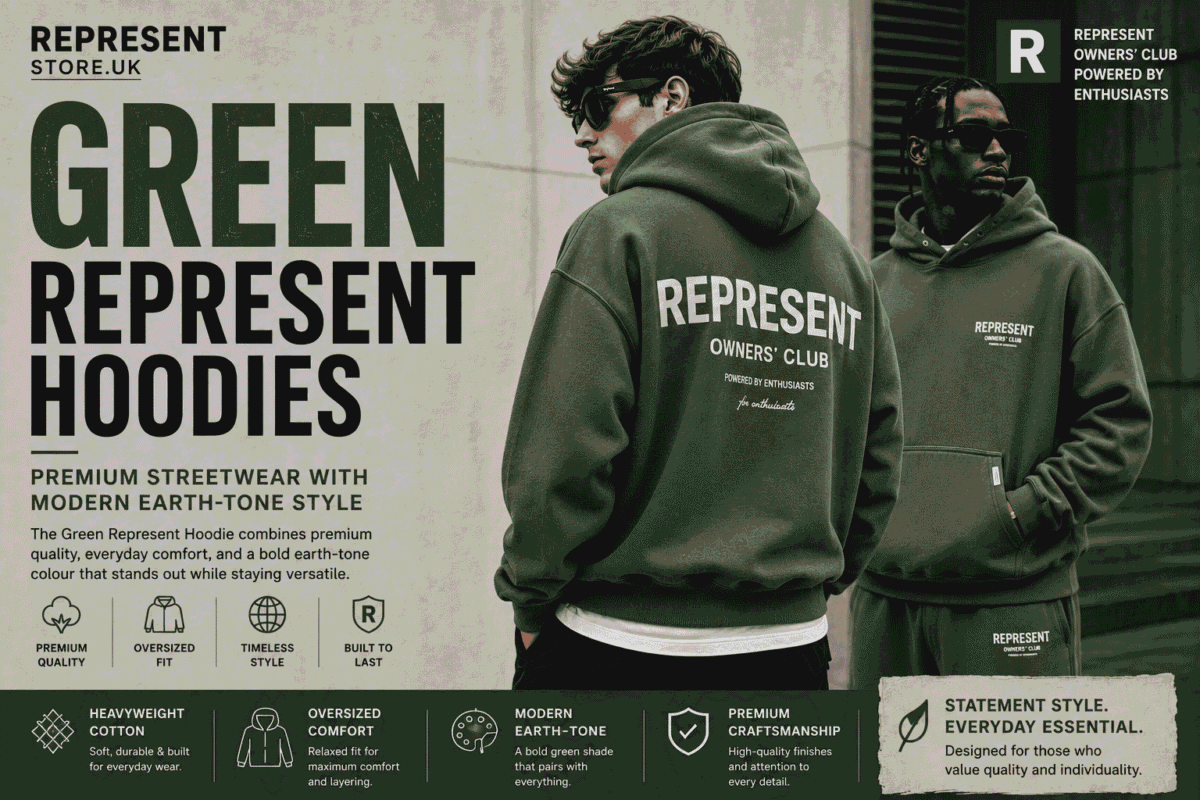 Editorial banner featuring two models wearing Green Represent hoodies, showcasing premium streetwear fashion in a modern earth-tone colour with an oversized fit.