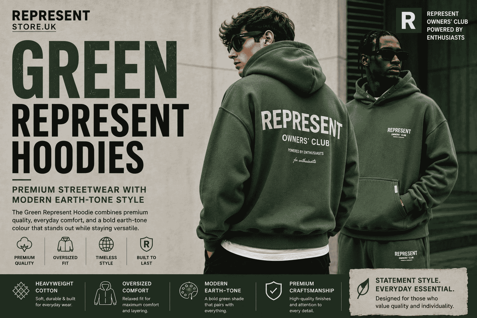 Editorial banner featuring two models wearing Green Represent hoodies, showcasing premium streetwear fashion in a modern earth-tone colour with an oversized fit.
